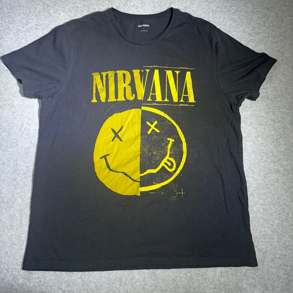 Old Navy Nirvana Smiley Face Graphic T-Shirt Mens Large Black Yellow Rock Band